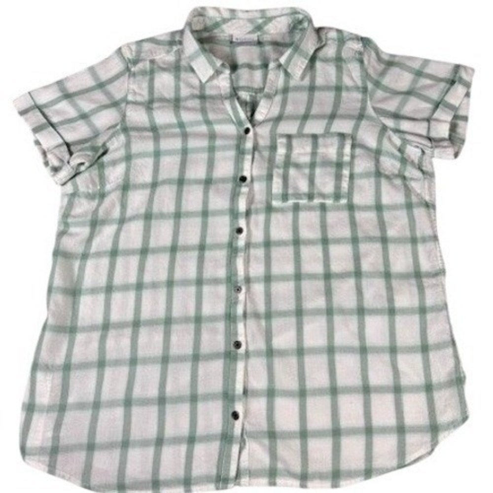 Columbia Womens‎ Green White Plaid Short Sleeve Button Up Shirt Cotton Size L